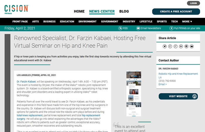 screen of the article “Renowned Specialist, Dr. Farzin Kabaei, Hosting Free Virtual Seminar on Hip and Knee Pain” at www.prweb.com