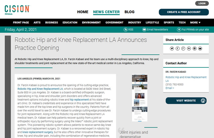 screen of the article “Robotic Hip and Knee Replacement LA Announces Practice Opening” at www.prweb.com