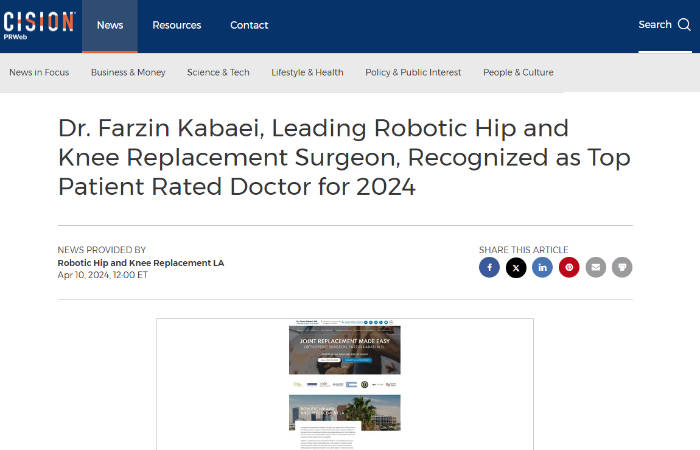 screenshot of the article titled : Dr. Farzin Kabaei, Leading Robotic Hip and Knee Replacement Surgeon, Recognized as Top Patient Rated Doctor for 2024